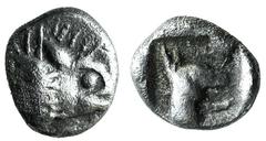 Lycia, Uncertain, 5th century BC. AR Hemiobol(?) (6mm, 0.33 g, 3h). Boar head r. R/ Head and neck of hound r., within incuse square. Traité II 184 var. (hound l.). Rare, VF; ;