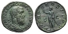 Pupienus (AD 238). Æ Sestertius (31mm, 19.06g, 12h). Rome. Laureate, draped and cuirassed bust r. R/ Pupienus standing l., holding branch and parazonium. RIC IV 15; Banti 9. Green patina, smoothed, Go