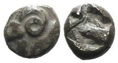 Greek world and ancient Near East Ionia, Uncertain, c. 5th century BC. AR Tetartemorion (5mm, 0.16g). Head and neck of ram l. R/ Incuse punch. VF