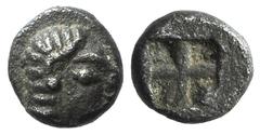 Greek world and ancient Near East Ionia, Kolophon, c. 530-500 BC. AR Tetartemorion (5mm, 0.17g). Female head r. R/ Quadripartite incuse square. SNG Kayhan 352. Good VF