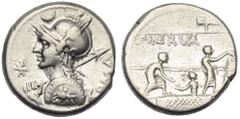 The Roman Republic P. Licinius Nerva, Denarius, Rome, 113 or 112 BC; AR (g 3,87; mm 17; h 5); Helmeted bust of Roma l., holding shield and spear; above, crescent; before, *; behind, ROMA, Rv. Voting s
