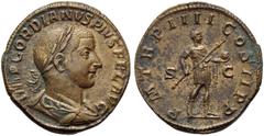 The Roman Empire Gordian III (238-244), Sestertius, Rome, AD 241-243; AE (g 19,85; mm 31; h 12); IMP GORDIANVS PIVS FEL AVG, Laureate, draped and cuirassed bust r., Rv. P M TR P IIII COS II P P / S C,
