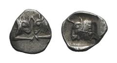 Greek world and ancient Near East Caria, Uncertain, c. 5th century BC. AR Tetartemorion (5mm, 0.14g, 9h). Confronted foreparts of bull. R/ Forepart of bull l., within incuse square. Cf. SNG Kayhan 949