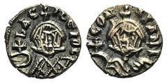 Byzantine Basil I and Constantine (867-886). Debased AV Semissis (11mm, 1.53g, 6h). Syracuse, 868-879. Crowned facing bust of Basil, wearing loros, holding globus cruciger. R/ Crowned facing bust of C