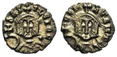 Byzantine Basil I and Constantine (867-886). Debased AV Semissis (12mm, 0.92g, 6h). Syracuse, 868-879. Crowned facing bust of Basil, wearing loros, holding globus cruciger. R/ Crowned facing bust of C