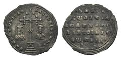 Byzantine Basil II and Constantine VIII (976-1025). AR Miliaresion (30mm, 2.90 g, 7h). Constantinople, 977-989. Cross crosslet with central X set on globus atop four steps, between crowned facing bust