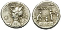 The Roman Republic P. Licinius Nerva, Denarius, Rome, 113 or 112 BC; AR (g 3,88; mm 18; h 1); Helmeted bust of Roma l., holding shield and spear; above, crescent; before, *; behind, ROMA, Rv. Voting s