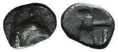 Greek Ionia, Teos, late 6th-early 5th century BC. AR Tetartemorion (5mm, 0.23g). Head of griffin r. R/ Quadripartite incuse square. Matzke Group Bx3; Balcer 79; SNG Copenhagen –. Near VF