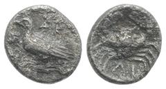 Collection Sicily, Akragas, c. 450-440 BC. AR Litra (8mm, 0.52g, 6h). Eagle standing l. on capital. R/ Crab. Westermark, Coinage, Period II, Series B.1; SNG ANS 989–995; HGC 2, 121. Roughness, near VF