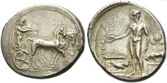 Greek world and ancient Near East Sicily, Selinus, Tetradrachm, ca. 440-430 BC AR (g 17,14; mm 30; h 4) Apollo and Artemis, standing side by side in slow quadriga r.; Apollo, nude to waist, holding bo