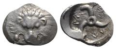 Greek Dynasts of Lycia, Perikles (c. 380-360 BC). AR Tetrobol (18mm, 2.99g). Facing lion's scalp. R/ Triskeles within shallow incuse. SNG von Aulock 4254. VF
