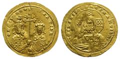 Byzantine Basil II and Constantine VIII (976-1025). AV Histamenon Nomisma (24mm, 4.42g, 6h). Constantinople, 1001-1005. Bust of Christ Pantokrator facing; rosette of seven pellets in each cross arm of