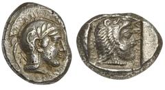 Greek Kings of Lycia, Kherei (ca. 410-390 BC); AR Stater (g 8,50; mm 22; h 9); Telmessos mint. Helmeted head of Athena r., wearing crested Attic helmet decorated with four olive leaves and spiral; Rv.