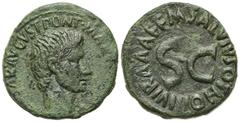 Roman Imperial Augustus (27 BC-AD 14), As, Rome; M. Salvius Otho, moneyer, 7 BC. AE (g 11,20; mm 27; h 12). CAESAR AVGVST PONT MAX TRIBVNIC POT, Bare head r.; Rv. M SALVIVS OTHO IIIVIR AAAFF, Legend a
