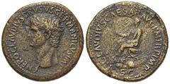 Roman Imperial Claudius (41-54), Sestertius, Rome, 42-3. AE (g 28,02; mm 34,5; h 6). NERO CLAVDIVS DRVSVS GERMANICVS IMP, Bare head l.; Rv. TI CLAVDIVS CAESAR AVG P M TR P IMP, Claudius seated l. on c