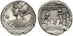 The Roman Republic P. Licinius Nerva, Denarius, Rome, 113 or 112 BC; AR (g 3,85; mm 17; h 1); Helmeted bust of Roma l., holding shield and spear; around, crescent and *; behind, ROMA, Rv. Voting scene