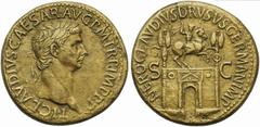 The Roman Empire Claudius (41-54), Sestertius, Rome, AD 50-54; AE (g 29,10; mm 35; h 6); TI CLAVDIVS CAESAR AVG P M TR P IMP P P, laureate head r., Rv. NERO CLAVDIVS DRVSVS GERMAN IMP, triumphal arch 
