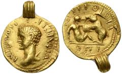 The Roman Empire Uncertain Germanic Tribe, Pseudo-Imperial Quinarius, mid 3rd - early 4th centuries; AV (g 3,30; mm 19 x 15; h 6); Bare imperial head l.; around, pseudo-legend, Rv. Bear, upright, stan