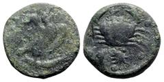 Greek Sicily, Akragas, c. 416-406 BC. Æ Hemilitron (27mm, 20.67g, 6h). Eagle standing r. on tunny. R/ Crab; conch shell and octopus below, six pellets around. Westermark, Coinage, 633; CNS I, 40; cf. 