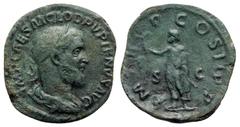 Roman Imperial Pupienus (AD 238). Æ Sestertius (31mm, 21.43g, 12h). Rome. Laureate, draped and cuirassed bust r. R/ Pupienus standing l., holding branch and parazonium. RIC IV 15. Green patina, Good F