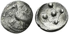 Greek Sicily, Akragas, c. 470-420 BC. AR Pentonkion (6mm, 0.21g). Eagle standing l. on Ionic column. R/ Five pellets. Westermark, Coinage, Group III, 517; SNG ANS 996; HGC 2, 118. VF