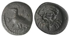 Greek Sicily, Akragas, c. 425-406 BC. AR Litra (10mm, 0.78g, 7h). Eagle standing l. on capital. R/ Crab; lotus flower. Westermark, Coinage, 448; SNG ANS 986-95; HGC 2, 121. Dark patina, VF