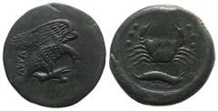 Greek Sicily, Akragas, c. 425-406 BC. Æ Hemilitron (31mm, 20.49g, 3h). Eagle r., clutching dead hare in talons. R/ Crab; crayfish below, six pellets in field. Cf. Westermark, Coinage, 724; CNS I, 15; 