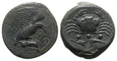 Greek Sicily, Akragas, c. 425-406 BC. Æ Tetras – Trionkion (23mm, 10.34g, 6h). Eagle, wings raised, standing r. on, and tearing at, dead hare. R/ Crab; below, crawfish l. Cf. Westermark, Coinage, 833f