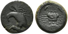 Greek Sicily, Akragas, c. 425-406 BC. Æ Tetras (20mm, 5.30g, 6h). Eagle standing l. on hare, head lowered, wings spread. R/ Crab; three pellets and crayfish l. Westermark, Coinage, 914-7. Near VF