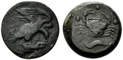 Greek Sicily, Akragas, c. 415-406 BC. Æ Tetras – Trionkion (19mm, 10.41g, 9h). Eagle, wings raised, standing r., tearing at hare. R/ Crab; below, crawfish l. Cf. Westermark, Coinage, 821; HGC 2, 140. 