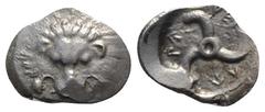 Greek Dynasts of Lycia, Perikles (c. 380-360 BC). AR Tetrobol (18mm, 2.99g). Facing lion's scalp. R/ Triskeles within shallow incuse. SNG von Aulock 4254. VF
