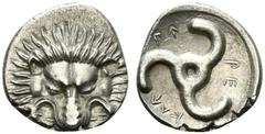 Greek Dynasts of Lycia, Perikles (c. 380-360 BC). AR 1/3 Stater - Tetrobol (15.5mm, 2.82g). Facing lion's scalp. R/ Triskeles within shallow incuse. Cf. Müseler VIII 47-51. Good VF