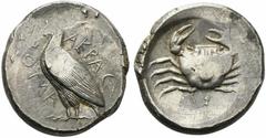 Greek Sicily, Akragas, c. 465/4-446 BC. AR Tetradrachm (26mm, 17.35g, 11h). Eagle standing l. R/ Crab within shallow incuse circle. Westermark, Coinage, 350; SNG ANS 976-7; HGC 2, 78. VF