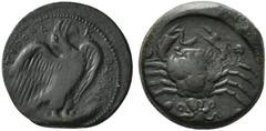 Greek Sicily, Akragas, c. 420-406 BC. Æ Hemilitron (27.5mm, 21.21g, 3h). Eagle standing r. on tunny. R/ Crab; conch shell and octopus below, six pellets around. Cf. Westermark, Coinage, 621; CNS I, 40