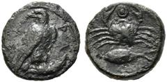 Greek Sicily, Akragas, c. 415-406 BC. Æ Onkia (16.5mm, 3.29g). Eagle standing r. with head reverted, on a fish. R/ Crab, fish l. below; pellet between crab's claws. Westermark, Coinage, 1000; CNS I, 8