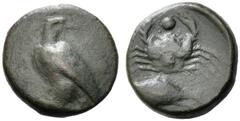 Greek Sicily, Akragas, c. 415-406 BC. Æ Onkia (15.5mm, 3.62). Eagle standing l. on fish, head r. R/ Crab; below, grouper l. Westermark, Coinage 1005; CNS I, 85 var. (cicada on obv.); HGC 2, 151. Near 