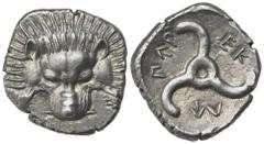 Greek world and ancient Near East Dynasts of Lycia, Perikles (King, 380-360 BC), Tetrobol (1/3 Stater); AR (g 2,73; mm 16); Facing lion scalp, Rv. Π↑Ρ - ΕΚ - Λ↑, around triskeles; all within incuse ci