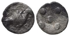 Greek Sicily, Akragas, c. 460-446 BC. AR Pentonkion (7mm, 0.14g). Eagle standing r. on Ionic column. R/ Five pellets. Westermark, Coinage, Group III, 519; SNG ANS 997; HGC 2, 119. Near VF