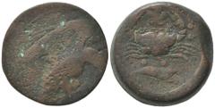 Greek Sicily, Akragas, c. 425-406 BC. Æ Hemilitron (26mm, 22.33g). Eagle standing r. on hare, head lowered. R/ Crab; vine-leaf above, crayfish below, six pellets around. Westermark, Coinage, 692; CNS 