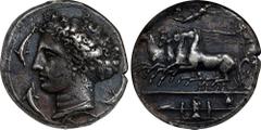 SICILY. Syracuse. Dionysios I, 406-367 B.C. AR Dekadrachm (43.17 gms), ca. 405-400 B.C. NGC EF, Strike: 5/5 Surface: 4/5. Fine Style. HGC-2, 1298; Jongkees-7d (dies B/ζ; this coin cited); SNG ANS-357 