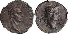 CALIGULA WITH DIVUS AUGUSTUS, A.D. 37-41. AR Denarius (3.72 gms), Lugdunum Mint, A.D. 37. NGC AU, Strike: 4/5 Surface: 2/5. Flan Flaw. RIC-2; RSC-11. Obverse: Bare head of Caligula right; Reverse: Rad