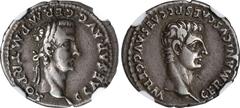 CALIGULA with GERMANICUS, A.D. 37-41. AR Denarius (3.62 gms), Lugdunum Mint, A.D. 37. NGC Ch VF, Strike: 5/5 Surface: 4/5. Edge Marks. RIC-12; RSC-4. Obverse: Bare head of Caligula right; Reverse: Bar