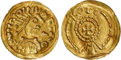 Suevic Kingdom of Gallaecia. Time of Hermeric, Rechila and Rechiar. AV Tremissis (1.14 gms), ca. A.D. 425-455. EXTREMELY FINE. cf. Reinhardt-61; cf. Chaves-24. Pseudo-Imperial type imitating Valentini