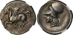 CORINTHIA. Corinth. AR Stater (8.39 gms), ca. 345-307 B.C. NGC Ch VF, Strike: 5/5 Surface: 4/5. HGC-4, 1848; Pegasi-373; BCD Corinth-96. Obverse: Pegasos flying left; Reverse: Helmeted head of Athena 