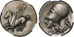 CORINTHIA. Corinth. AR Stater (8.59 gms), ca. 345-307 B.C. NGC Ch VF, Strike: 4/5 Surface: 5/5. HGC-4, 1848; Pegasi-426; BCD Corinth-101. Obverse: Pegasos flying left; Reverse: Helmeted head of Athena