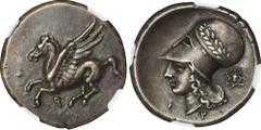 CORINTHIA. Corinth. AR Stater (8.55 gms), ca. 345-307 B.C. NGC Ch EF★, Strike: 5/5 Surface: 5/5. HGC-4, 1848; Pegasi-427. Obverse: Pegasos flying left; Reverse: Helmeted head of Athena left, with laur