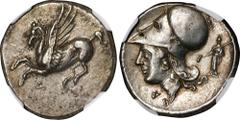 CORINTHIA. Corinth. AR Stater (8.56 gms), ca. 345-307 B.C. NGC AU, Strike: 5/5 Surface: 3/5. Die Shift. HGC-4, 1848; Pegasi-459; BCD Corinth-Unlisted. Obverse: Pegasos flying left; Reverse: Helmeted h