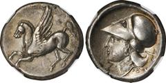 CORINTHIA. Corinth. Uncertain Colony. AR Stater (8.47 gms), ca. 345-307 B.C. NGC Ch VF, Strike: 5/5 Surface: 3/5. Pegasi-494. Obverse: Pegasos flying left; Reverse: Helmeted head of Athena left; axe b