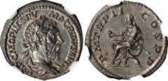MACRINUS, A.D. 217-218. AR Denarius (3.14 gms), Rome Mint, A.D. 218. NGC AU, Strike: 5/5 Surface: 4/5. RIC-27A; RSC-51A. Obverse: Laureate and draped bust right, with long beard; Reverse: Macrinus sea