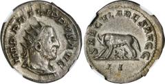 PHILIP I, A.D. 244-249. AR Double-Denarius (Antoninianus), Rome Mint. NGC Ch EF. RIC-15; RSC-178. Secular Games issue. Obverse: Radiate, draped, and cuirassed bust right; Reverse: Lupa Romana standing